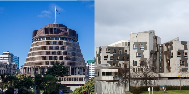 Images of New Zealand Parliament and Scottish Parliament buildings