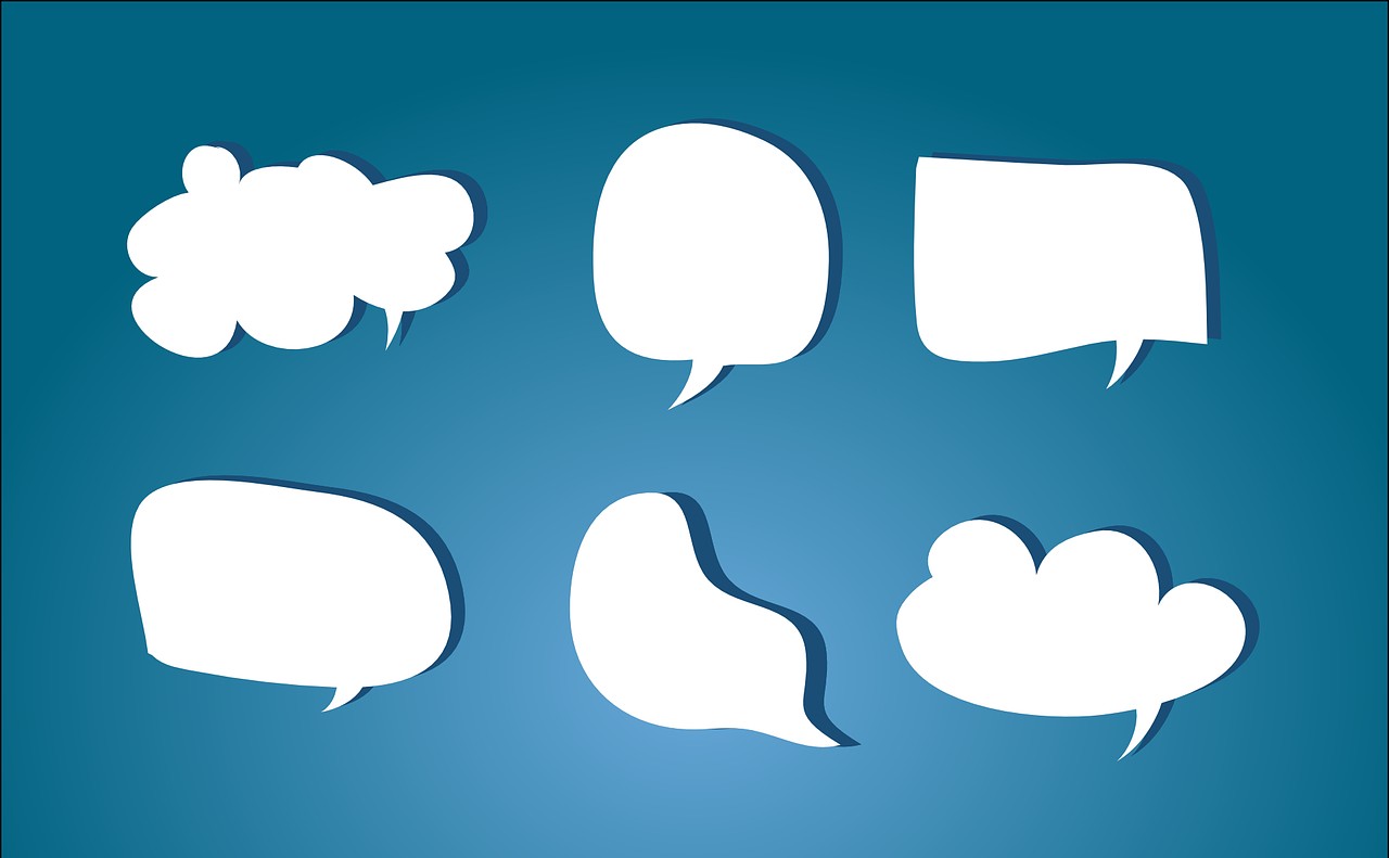 Six speech and thought bubbles on a blue background