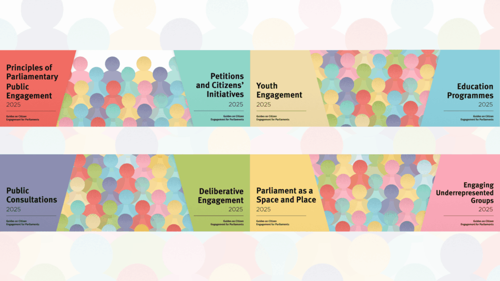 Reproduction of the eight Guides on Citizen Engagement developed by IPEN in partnership with Inter Pares.Visual shows covers of each of the eight guides, which are, briefly, on: Principles of engagement; Petitions; Youth engagement; Education programmes; Consultaitons; Deliberative engagement; Spaces and Places; Underrepresented groups