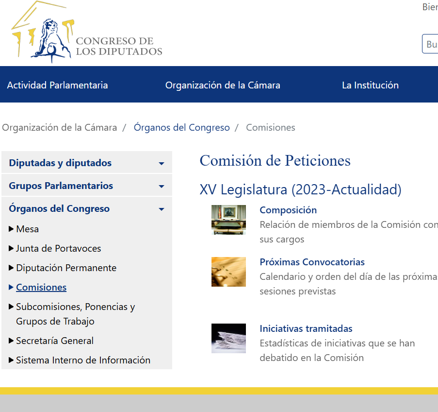 Print screen of the website for petitions at the Spanish Congress.