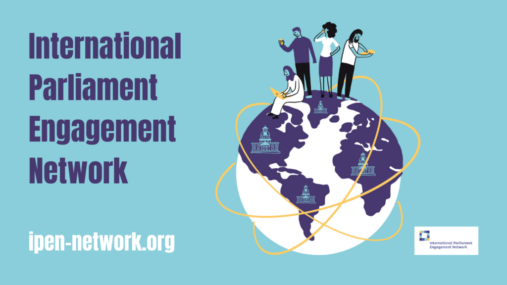 Picture of a globe with diverse people standing on it and the logo of the International Parliament Engagement Network; light blue background.
